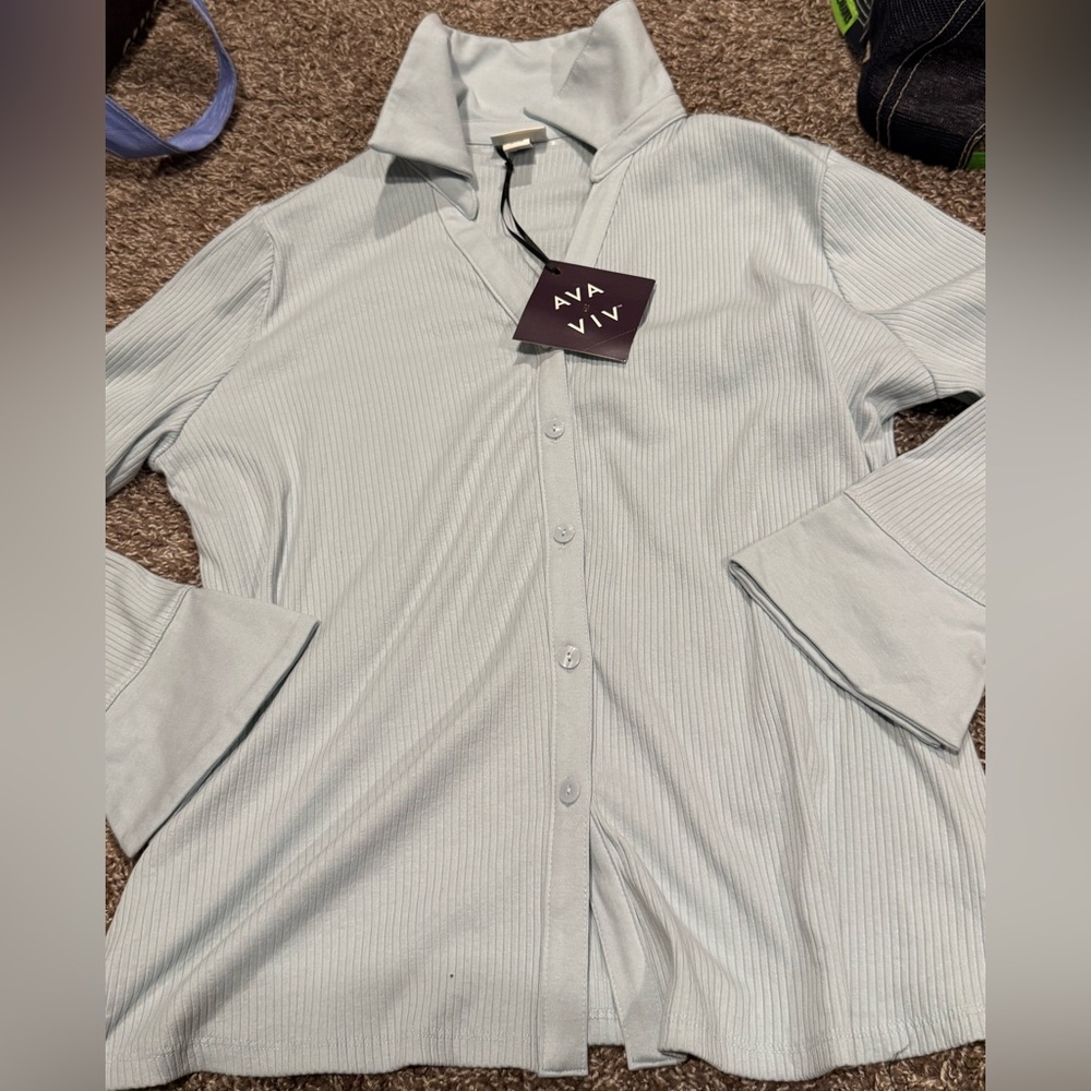 🥨Light blue ribbed Button-Up Shirt with flare arms